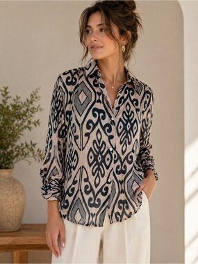 NIU Sheer Cotton Button Down Blouse Ikat Print Black Cream Size Small